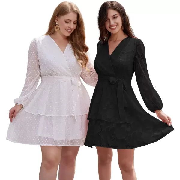 GRACE KARIN Womens Swiss Dot Dress Wrap V Neck Lantern Long Sleeve Cocktail Party Dress with BeltJacquardblack