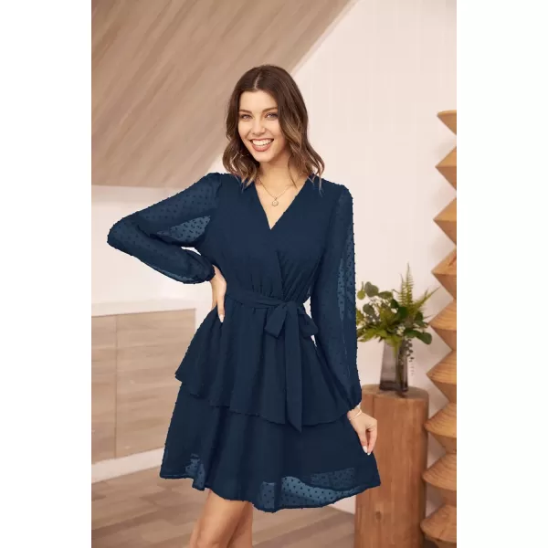 GRACE KARIN Womens Swiss Dot Dress Wrap V Neck Lantern Long Sleeve Cocktail Party Dress with BeltNavy Blue
