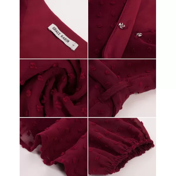 GRACE KARIN Womens Swiss Dot Dress Wrap V Neck Lantern Long Sleeve Cocktail Party Dress with BeltWine Red