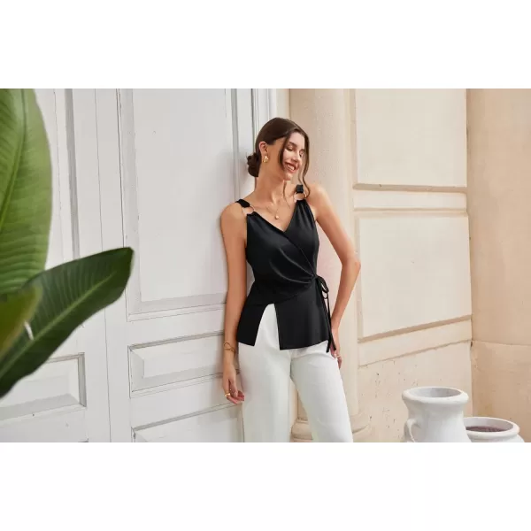 GRACE KARIN Womens Tank Tops Metal Ring Strap Split Cami V Neck Sleeveless Camisole Blouses Elegant Summer Peplum ShirtsBlack