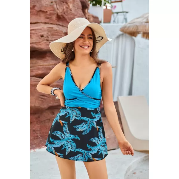 GRACE KARIN Womens Tankini Swimsuits Tummy Control Two Piece Bathing Suit V Neck Swimwear with High Waist BriefBlackblue Leaves