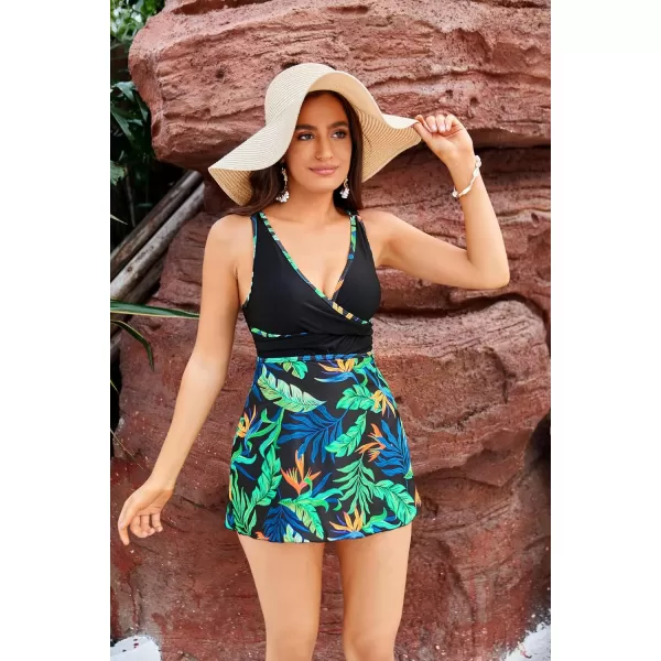 GRACE KARIN Womens Tankini Swimsuits Tummy Control Two Piece Bathing Suit V Neck Swimwear with High Waist BriefBlackgreen Leaves