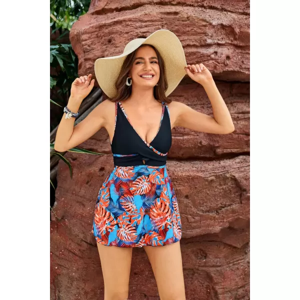 GRACE KARIN Womens Tankini Swimsuits Tummy Control Two Piece Bathing Suit V Neck Swimwear with High Waist BriefBlueorange Leaves