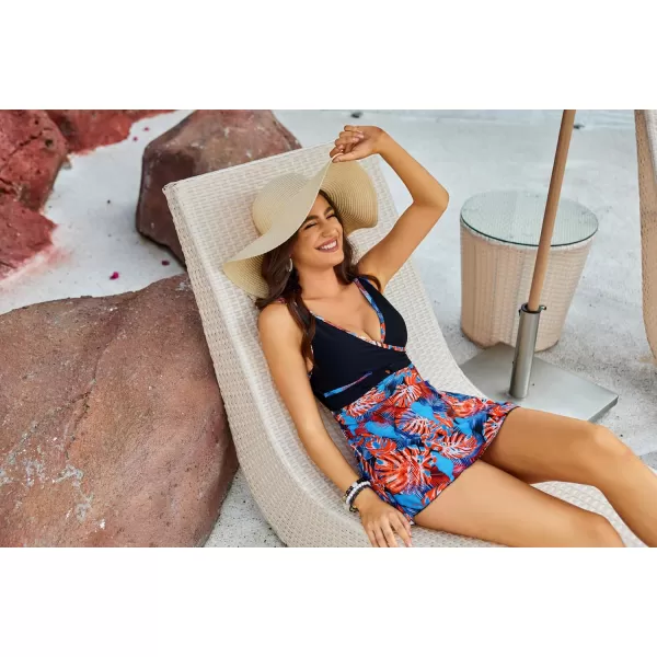 GRACE KARIN Womens Tankini Swimsuits Tummy Control Two Piece Bathing Suit V Neck Swimwear with High Waist BriefBlueorange Leaves