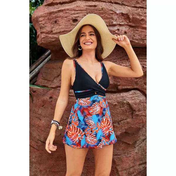 GRACE KARIN Womens Tankini Swimsuits Tummy Control Two Piece Bathing Suit V Neck Swimwear with High Waist BriefBlueorange Leaves