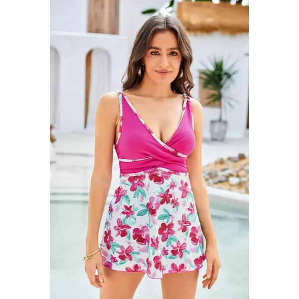 GRACE KARIN Womens Tankini Swimsuits Tummy Control Two Piece Bathing Suit V Neck Swimwear with High Waist BriefWhitepink Floral