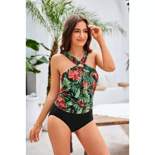 GRACE KARIN Womens Tankini Swimsuits Two Piece Bathing Suits Printing Halter Keyhole Cutout Swimwear with Bikini BottomBlack  Red Flower