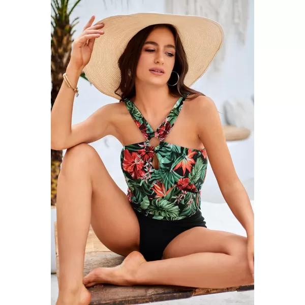 GRACE KARIN Womens Tankini Swimsuits Two Piece Bathing Suits Printing Halter Keyhole Cutout Swimwear with Bikini BottomBlack  Red Flower