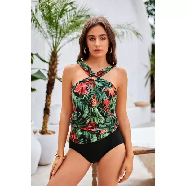 GRACE KARIN Womens Tankini Swimsuits Two Piece Bathing Suits Printing Halter Keyhole Cutout Swimwear with Bikini BottomBlack  Red Flower