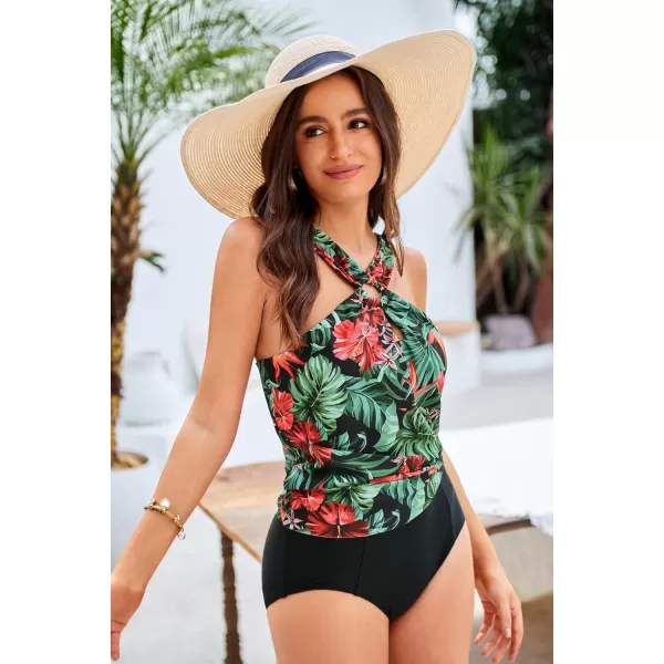 GRACE KARIN Womens Tankini Swimsuits Two Piece Bathing Suits Printing Halter Keyhole Cutout Swimwear with Bikini BottomBlack  Red Flower