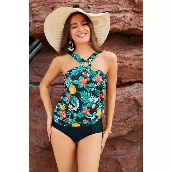 GRACE KARIN Womens Tankini Swimsuits Two Piece Bathing Suits Printing Halter Keyhole Cutout Swimwear with Bikini BottomBlack  Yellow Pineapple