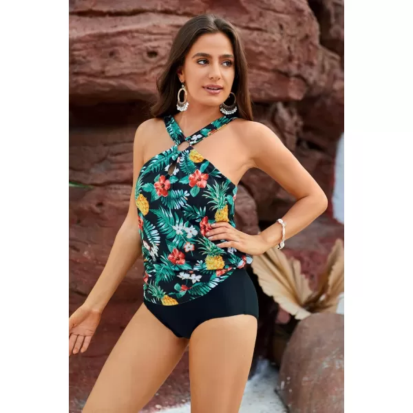 GRACE KARIN Womens Tankini Swimsuits Two Piece Bathing Suits Printing Halter Keyhole Cutout Swimwear with Bikini BottomBlack  Yellow Pineapple