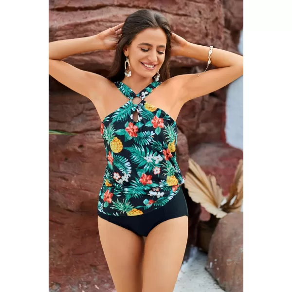 GRACE KARIN Womens Tankini Swimsuits Two Piece Bathing Suits Printing Halter Keyhole Cutout Swimwear with Bikini BottomBlack  Yellow Pineapple