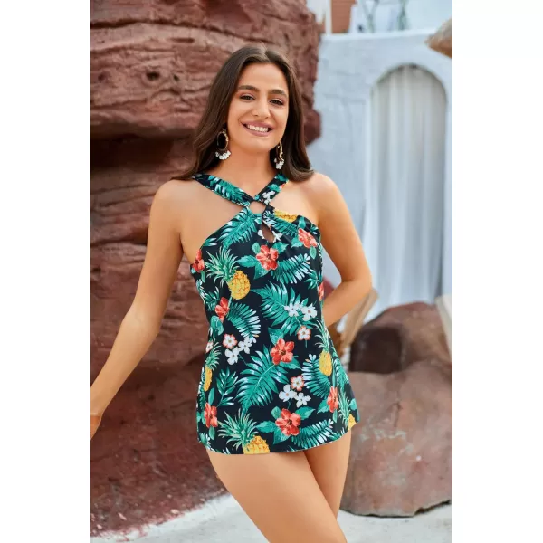 GRACE KARIN Womens Tankini Swimsuits Two Piece Bathing Suits Printing Halter Keyhole Cutout Swimwear with Bikini BottomBlack  Yellow Pineapple