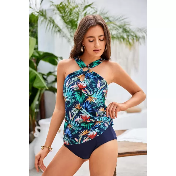GRACE KARIN Womens Tankini Swimsuits Two Piece Bathing Suits Printing Halter Keyhole Cutout Swimwear with Bikini BottomBlue Floral
