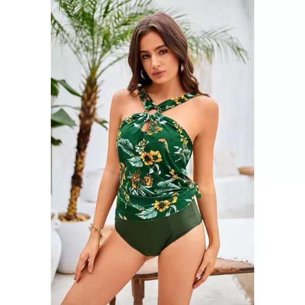 GRACE KARIN Womens Tankini Swimsuits Two Piece Bathing Suits Printing Halter Keyhole Cutout Swimwear with Bikini BottomGreen  Yellow Flower