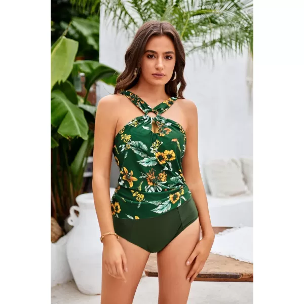 GRACE KARIN Womens Tankini Swimsuits Two Piece Bathing Suits Printing Halter Keyhole Cutout Swimwear with Bikini BottomGreen  Yellow Flower