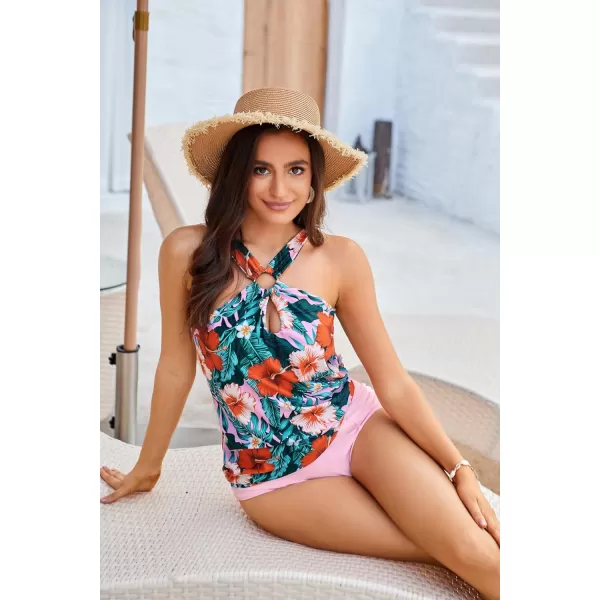 GRACE KARIN Womens Tankini Swimsuits Two Piece Bathing Suits Printing Halter Keyhole Cutout Swimwear with Bikini BottomPink  Orange Flower