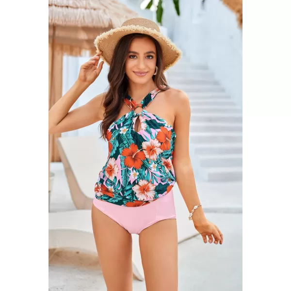 GRACE KARIN Womens Tankini Swimsuits Two Piece Bathing Suits Printing Halter Keyhole Cutout Swimwear with Bikini BottomPink  Orange Flower