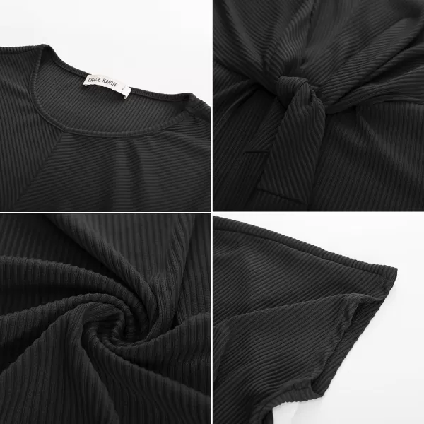 GRACE KARIN Womens Tie Waist Summer Casual Midi Dress Short Sleeve Crew Neck Ribbed Knit DressBlack