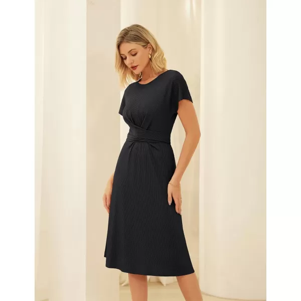 GRACE KARIN Womens Tie Waist Summer Casual Midi Dress Short Sleeve Crew Neck Ribbed Knit DressBlack