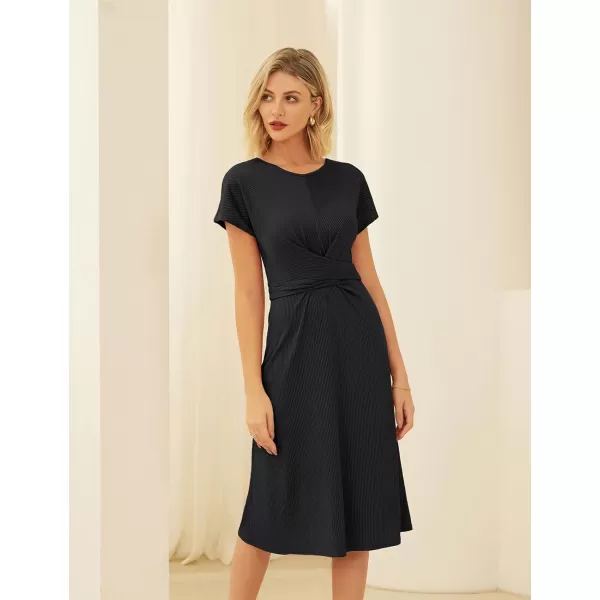 GRACE KARIN Womens Tie Waist Summer Casual Midi Dress Short Sleeve Crew Neck Ribbed Knit DressBlack