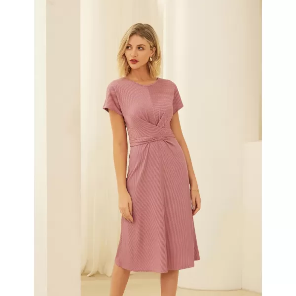GRACE KARIN Womens Tie Waist Summer Casual Midi Dress Short Sleeve Crew Neck Ribbed Knit DressGrey Pink