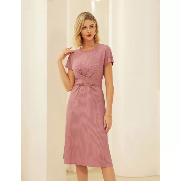 GRACE KARIN Womens Tie Waist Summer Casual Midi Dress Short Sleeve Crew Neck Ribbed Knit DressGrey Pink