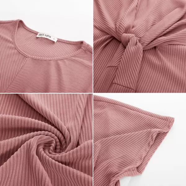 GRACE KARIN Womens Tie Waist Summer Casual Midi Dress Short Sleeve Crew Neck Ribbed Knit DressGrey Pink