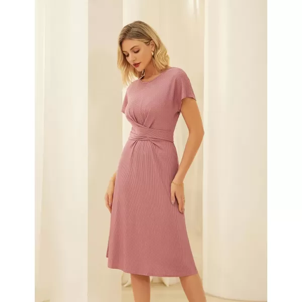 GRACE KARIN Womens Tie Waist Summer Casual Midi Dress Short Sleeve Crew Neck Ribbed Knit DressGrey Pink