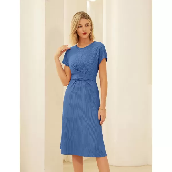 GRACE KARIN Womens Tie Waist Summer Casual Midi Dress Short Sleeve Crew Neck Ribbed Knit DressLight Blue