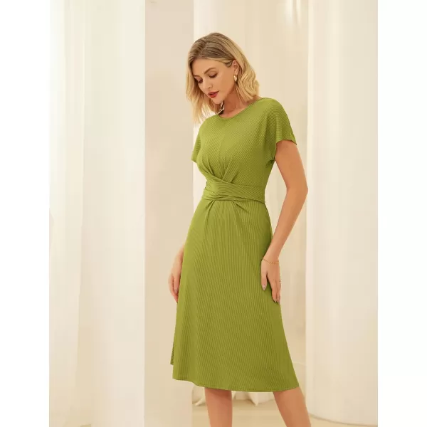 GRACE KARIN Womens Tie Waist Summer Casual Midi Dress Short Sleeve Crew Neck Ribbed Knit DressMoss Green
