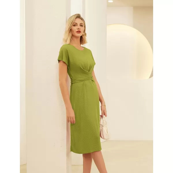 GRACE KARIN Womens Tie Waist Summer Casual Midi Dress Short Sleeve Crew Neck Ribbed Knit DressMoss Green