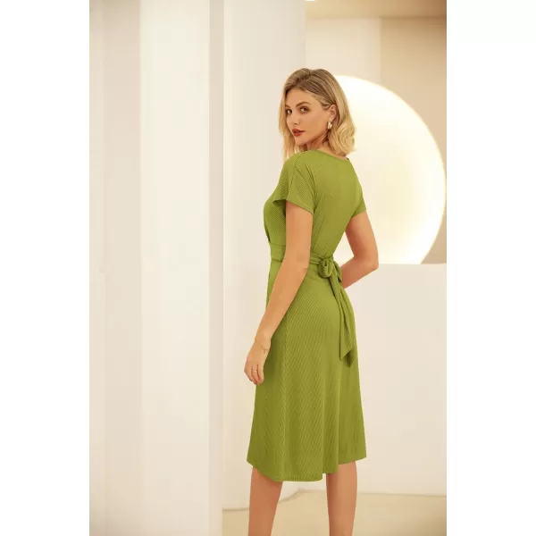 GRACE KARIN Womens Tie Waist Summer Casual Midi Dress Short Sleeve Crew Neck Ribbed Knit DressMoss Green