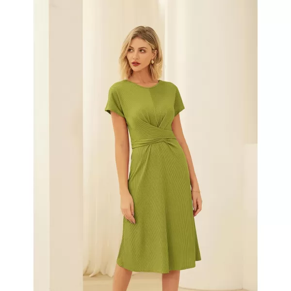GRACE KARIN Womens Tie Waist Summer Casual Midi Dress Short Sleeve Crew Neck Ribbed Knit DressMoss Green