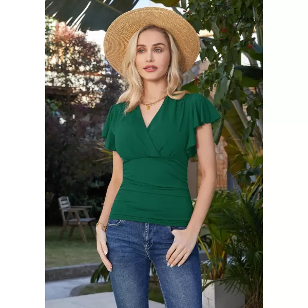 GRACE KARIN Womens Tops Elegant Surplice Wrap Blouse V Neck Lantern Long Sleeve Slim Fit Ruched Top977 Dark Green