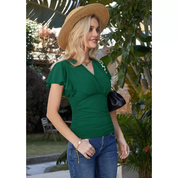 GRACE KARIN Womens Tops Elegant Surplice Wrap Blouse V Neck Lantern Long Sleeve Slim Fit Ruched Top977 Dark Green