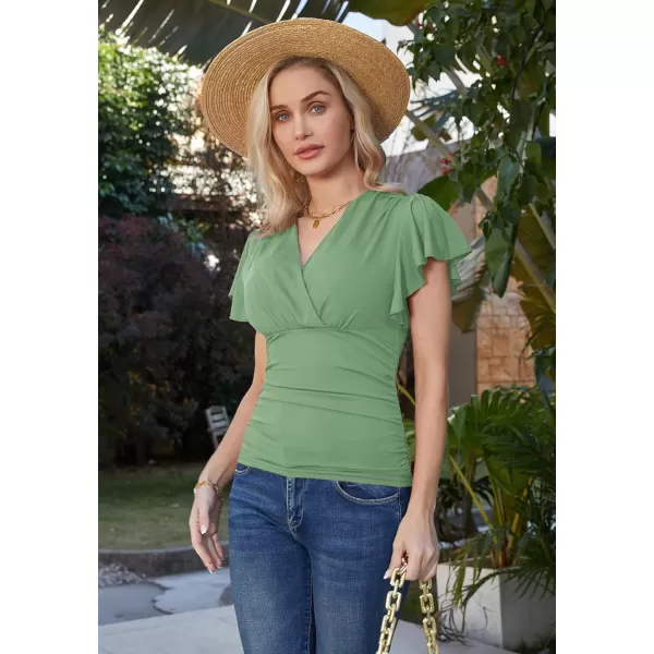 GRACE KARIN Womens Tops Elegant Surplice Wrap Blouse V Neck Lantern Long Sleeve Slim Fit Ruched Top977 Green