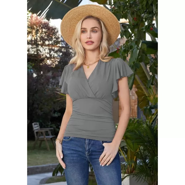 GRACE KARIN Womens Tops Elegant Surplice Wrap Blouse V Neck Lantern Long Sleeve Slim Fit Ruched Top977 Grey