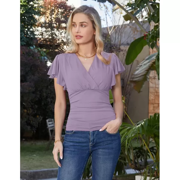 GRACE KARIN Womens Tops Elegant Surplice Wrap Blouse V Neck Lantern Long Sleeve Slim Fit Ruched Top977 Lavender