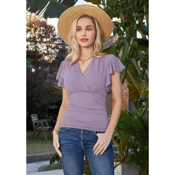 GRACE KARIN Womens Tops Elegant Surplice Wrap Blouse V Neck Lantern Long Sleeve Slim Fit Ruched Top977 Lavender