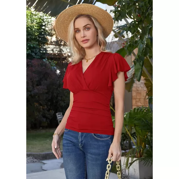 GRACE KARIN Womens Tops Elegant Surplice Wrap Blouse V Neck Lantern Long Sleeve Slim Fit Ruched Top977 Red