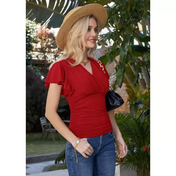 GRACE KARIN Womens Tops Elegant Surplice Wrap Blouse V Neck Lantern Long Sleeve Slim Fit Ruched Top977 Red