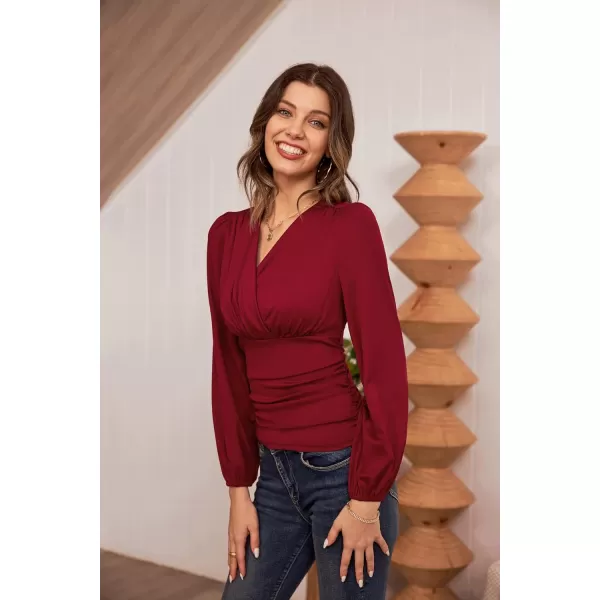 GRACE KARIN Womens Tops Elegant Surplice Wrap Blouse V Neck Lantern Long Sleeve Slim Fit Ruched TopWine Red