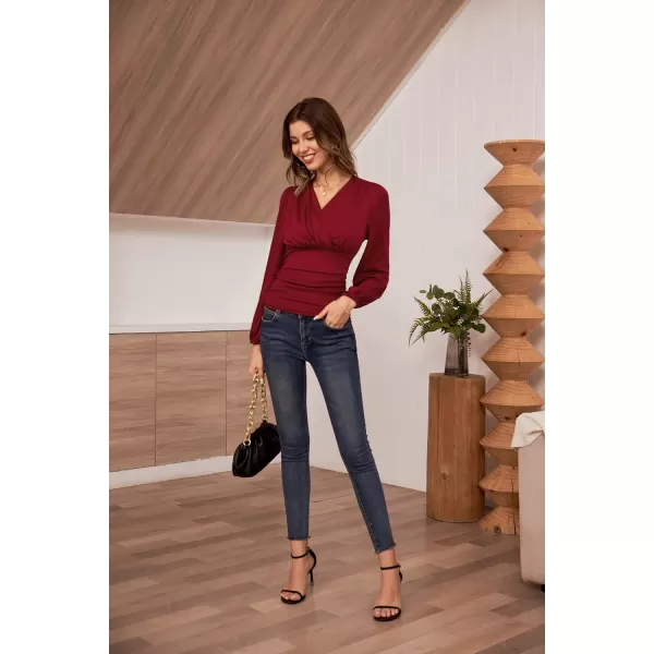 GRACE KARIN Womens Tops Elegant Surplice Wrap Blouse V Neck Lantern Long Sleeve Slim Fit Ruched TopWine Red