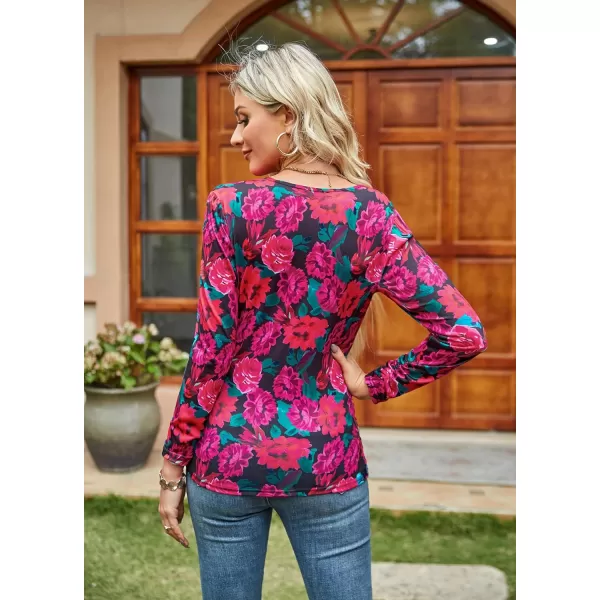 GRACE KARIN Womens Tops Elegant Surplice Wrap Blouse V Neck Long Sleeve Casual Ruched TopRose Red Floral