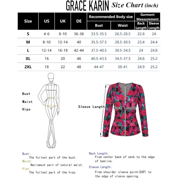 GRACE KARIN Womens Tops Elegant Surplice Wrap Blouse V Neck Long Sleeve Casual Ruched TopRose Red Floral