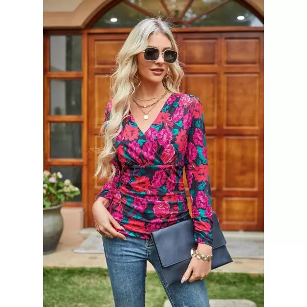 GRACE KARIN Womens Tops Elegant Surplice Wrap Blouse V Neck Long Sleeve Casual Ruched TopRose Red Floral