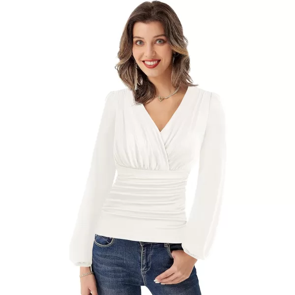 GRACE KARIN Womens Tops Elegant Surplice Wrap Blouse V Neck Long Sleeve Casual Ruched TopWhite