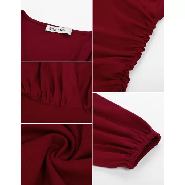 GRACE KARIN Womens Tops Elegant Surplice Wrap Blouse V Neck Long Sleeve Casual Ruched TopWine Red